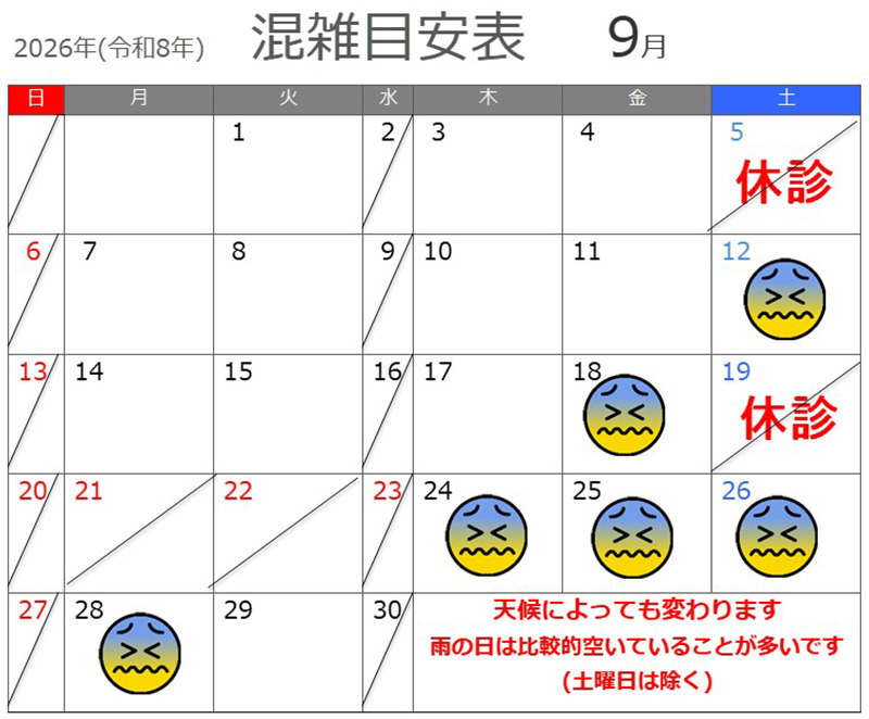北赤羽さきやま皮膚科9月　混雑日目安表